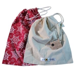 Two Multi-Purpose Gift or Produce Cloth Drawstring Bags, One Organic Cotton